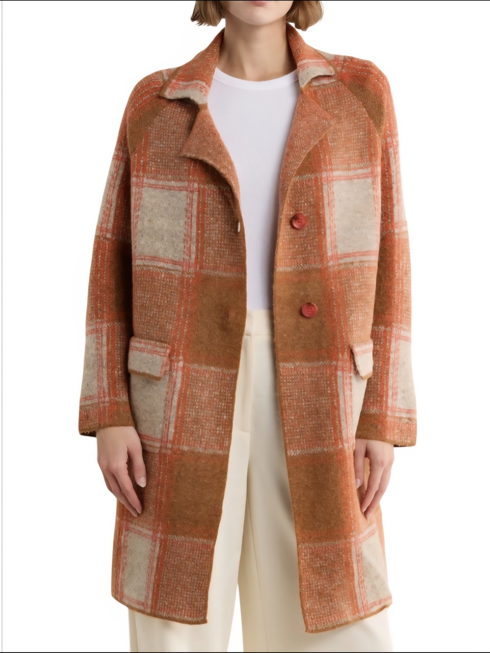 NWOT - Love Token Rust and Cream Plaid Wool-Blend Longline Cardigan Sz S